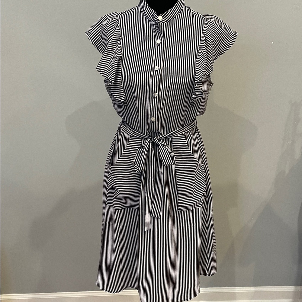Striped Tie-Waist ruffled  Sleeveless Dress - Blue  & White